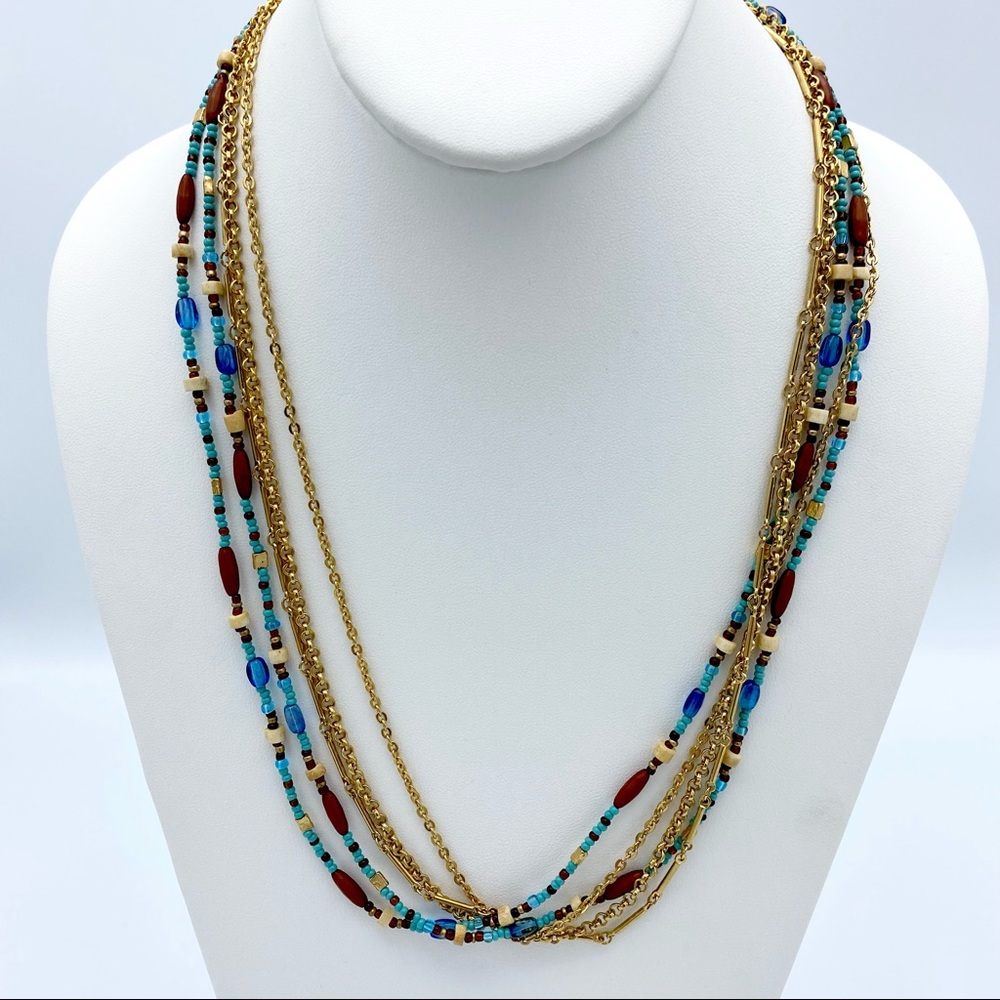 NEW Premier Designs Sedona Lucite Turquoise Coral Gold Plated Multi Strand Nckl